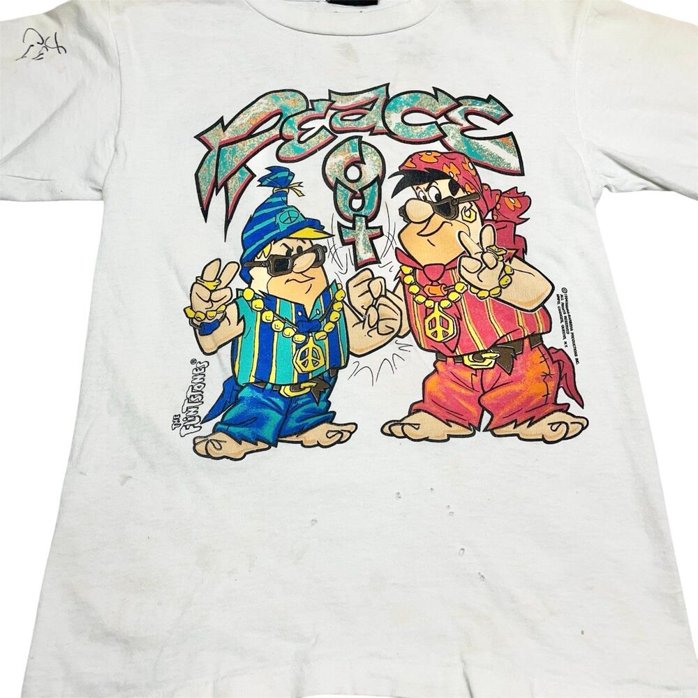 Vintage 90s Flintstones Shirt Fred Barney Peace Out Hip Hop Rap Changes Size L - Picture 9 of 11